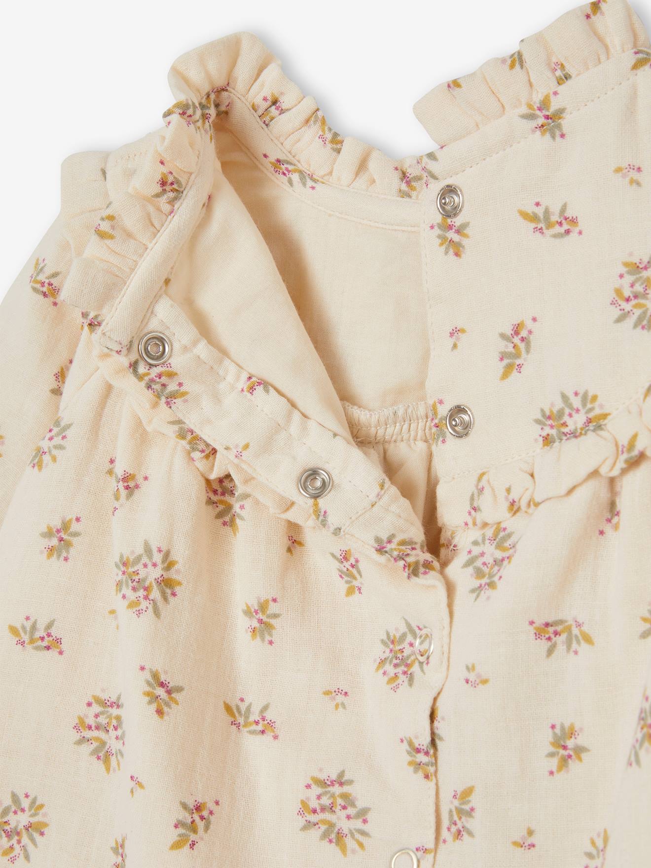 Vestido de chiffon de algodão com calcinha tipo bloomer, estampa infantil bege médio