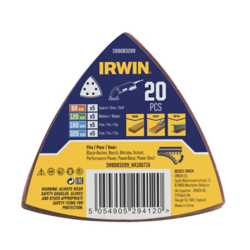 Irwin schuurvel driekhoek 95 x 95 mm zelfhechtend K60/K120/K180/K320, 20 stuks