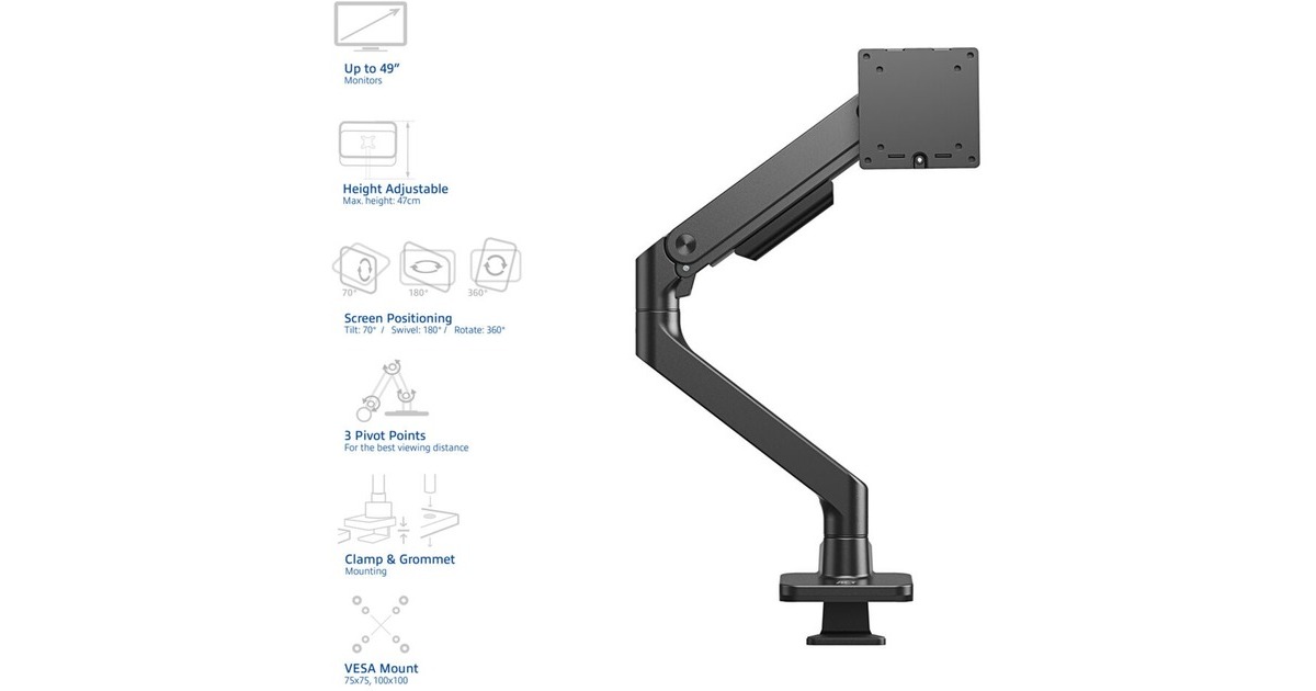 ACT ConnectivityMonitorarm office premium, gasveer, 1 monitor  (Zwart)