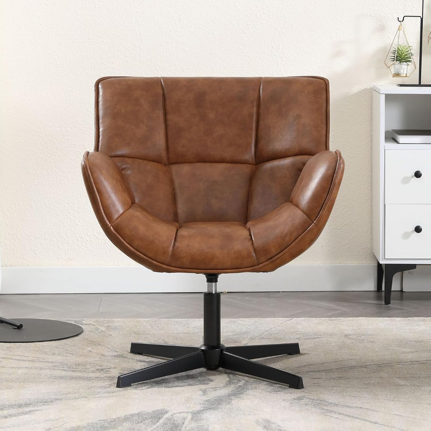 chairus Loungesessel Armlehnstuhl Sessel für Wohnzimmer Drehbarer Ohrensessel aus PU Leder Polsterstuhl Akzentsessel mit Metallbeinen Schlafzimmer (Braun)