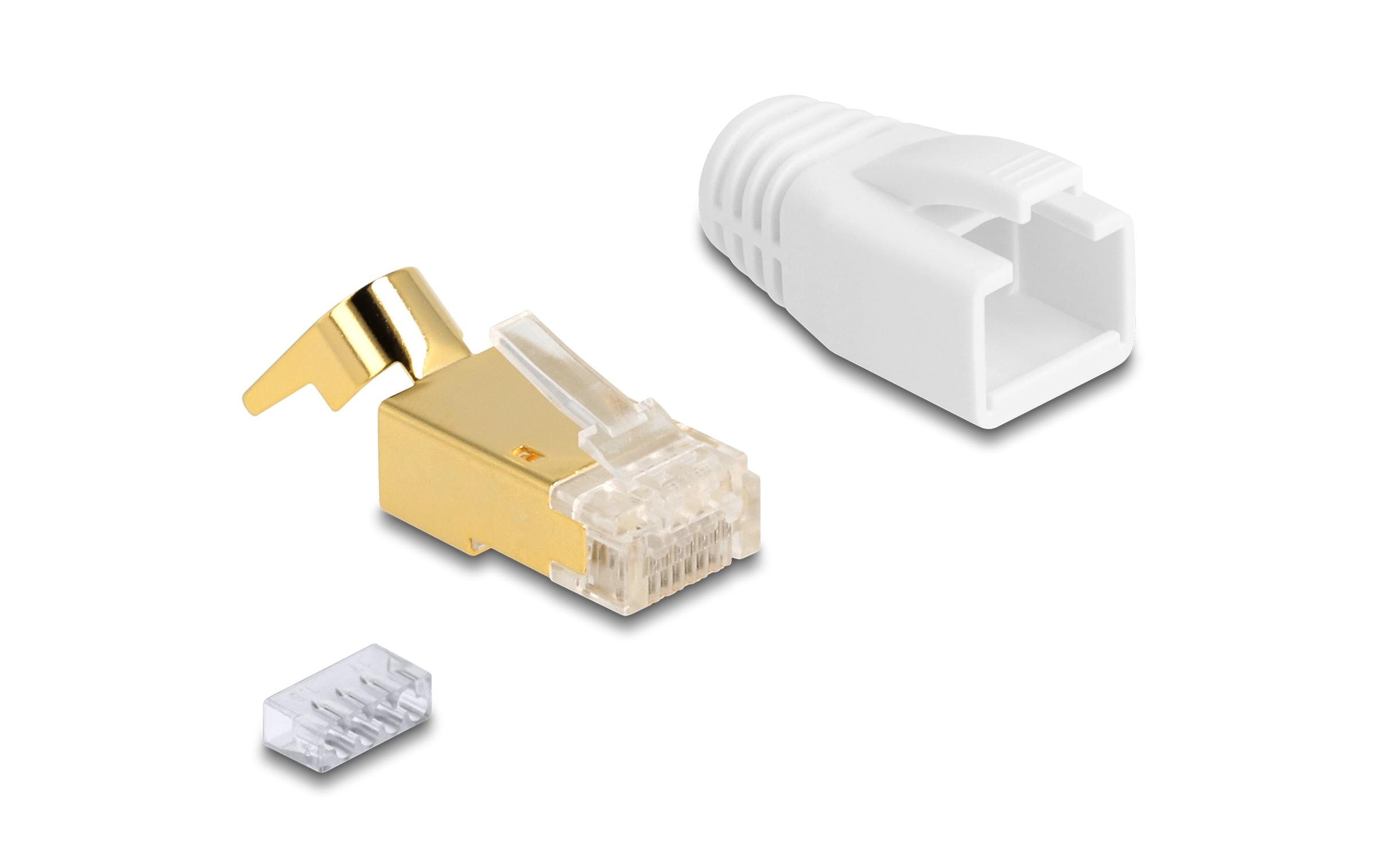Stecker RJ45, S/FTP, Cat.7 25 Stück, TransparentDelock RJ45 Modularer Stecker mit Zugentlastung und Knickschutztülle für Cat.7 Rundkabel 25er Set