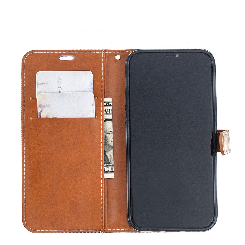 iPhone 12 / iPhone 12 Pro Stoff Tasche im Jeans Look mit Kartenfach   Magnetverschluss - Grau / Braun