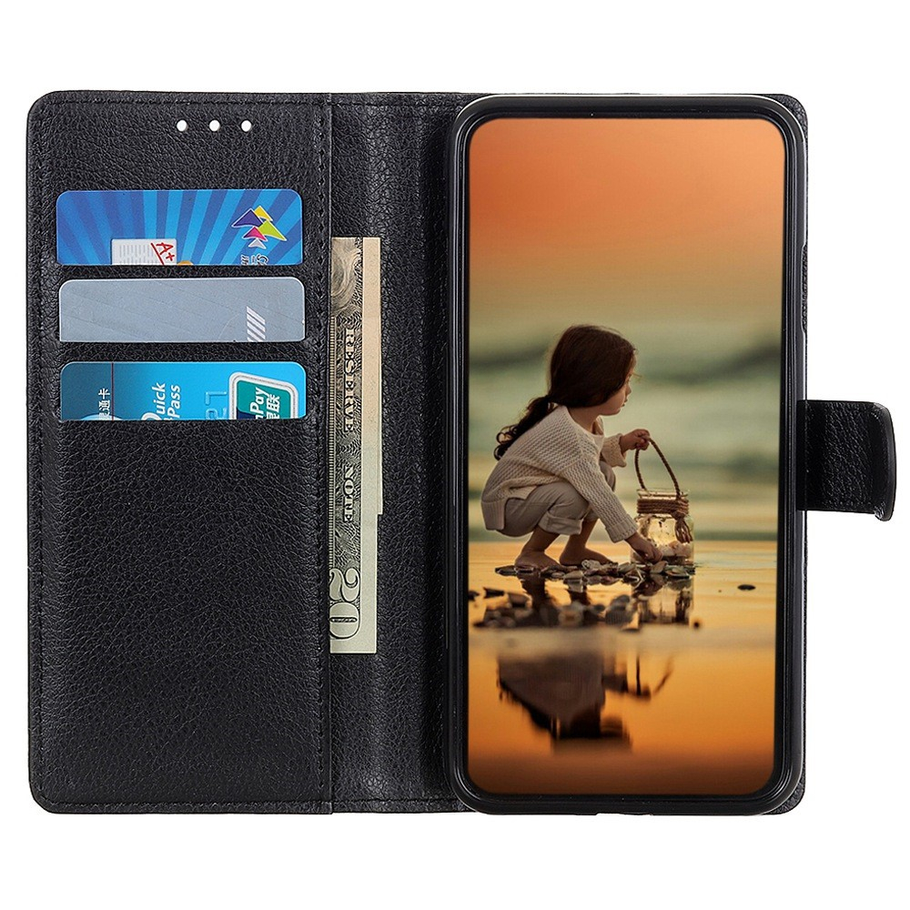 iPhone 16 Leder Tasche Flip Cover Litchi Look - Schwarz