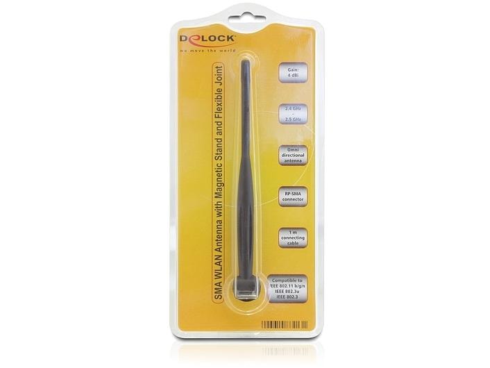 Delock WLAN-Antenne 802.11 b/g/n RP-SMA 4 dBi Rundstrahl Delock WLAN 802.11 b/g/n Antenne RP-SMA 4 dBi omnidirektional Gelenk mit magnetischem Standfuss