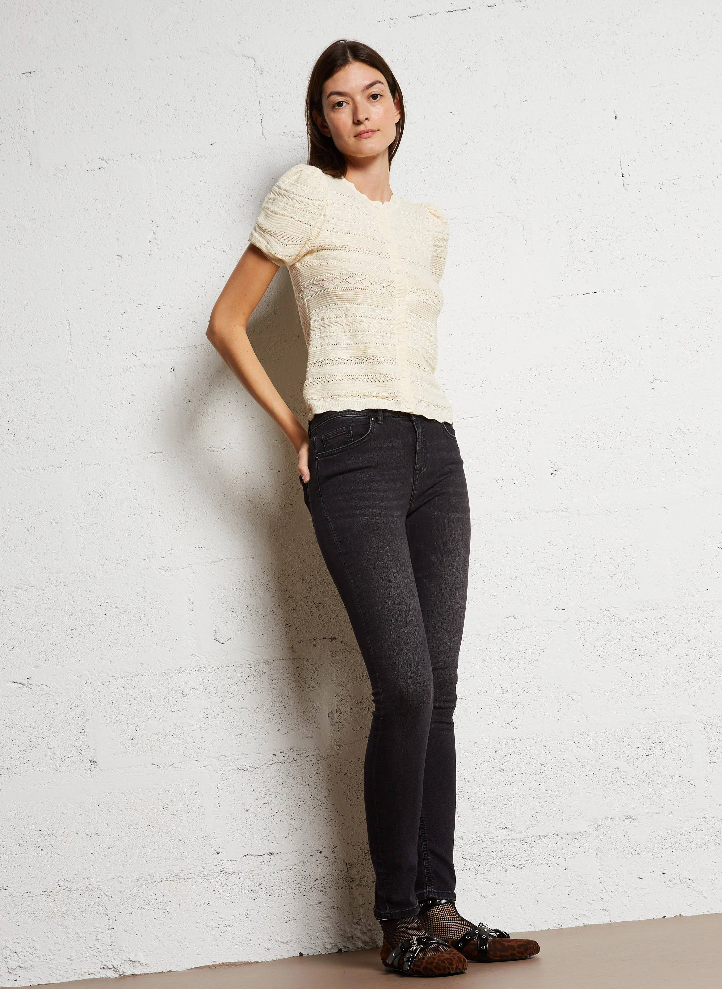 VINAT - Gilet manches courtes ajouré en coton mélangé | Beige