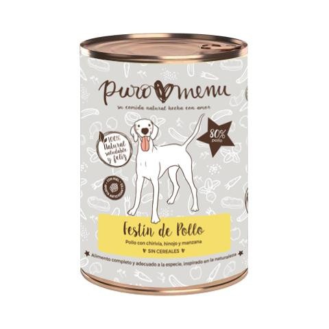 Pacote com 12 latas de ração úmida Puromenu para cães, sabor frango.