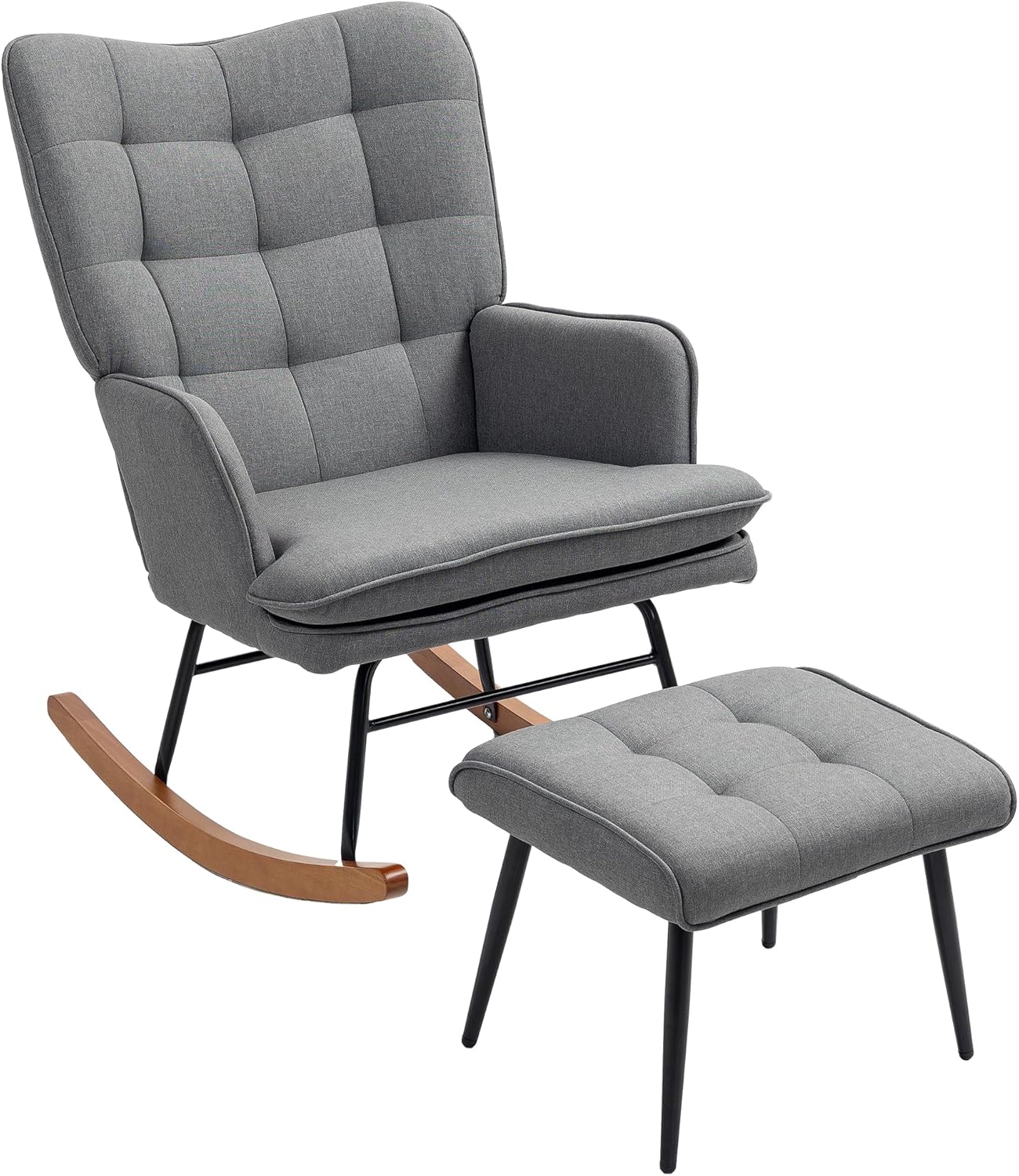 HOMCOM Schaukelstuhl Schwingsessel mit Hocker, Armlehnsessel, Sessel mit Leinenoptik, Schaukelsessel bis 130 kg Belastbarkeit für Schlafzimmer, Wohnzimmer, Dunkelgrau