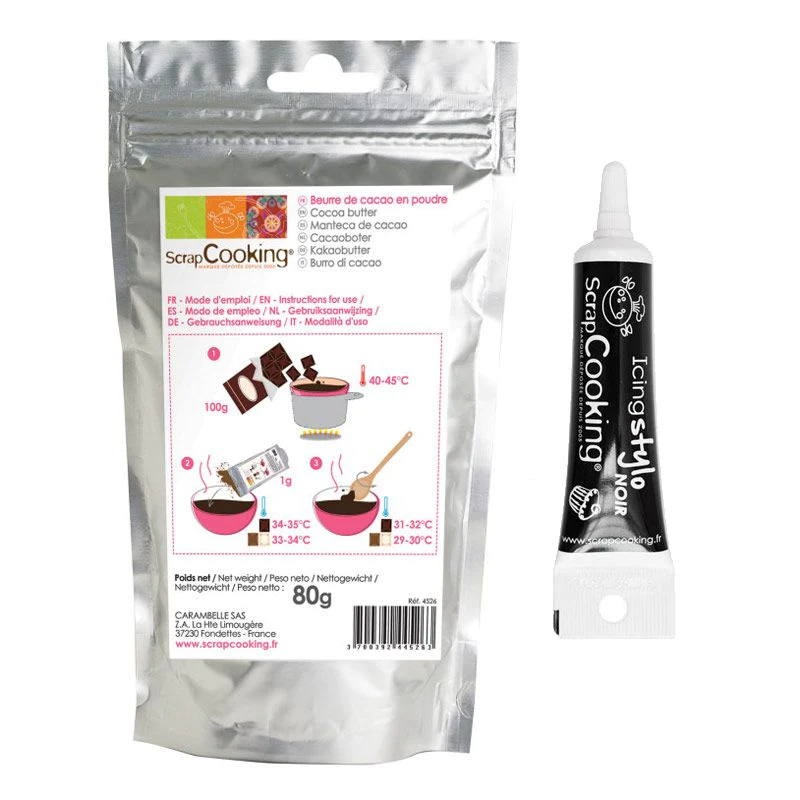Beurre de cacao en poudre 80 g + Stylo de glaçage noir Scrapcooking