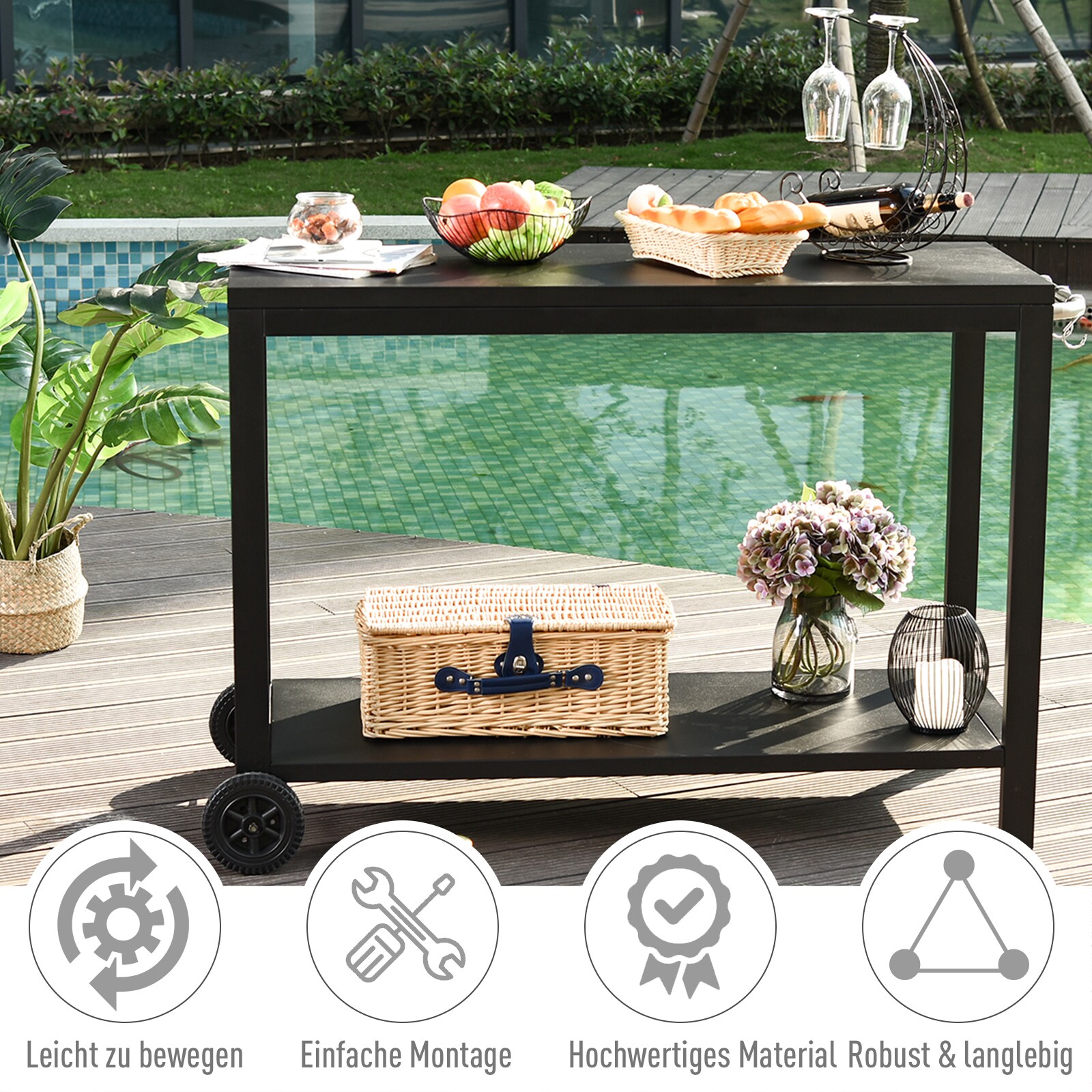 HOMCOM Beistelltisch auf Rollen schwarz 128 x 46,5 x 86,5 cm (BxTxH)