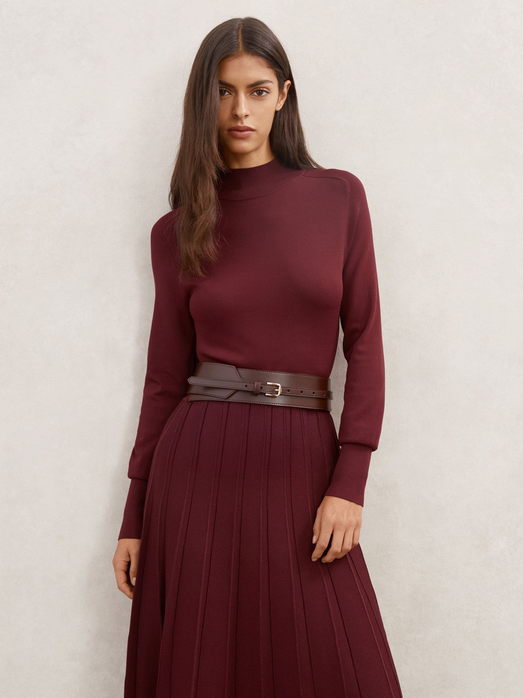 Reiss Alicia Belted Knit Pleated Midi Dress