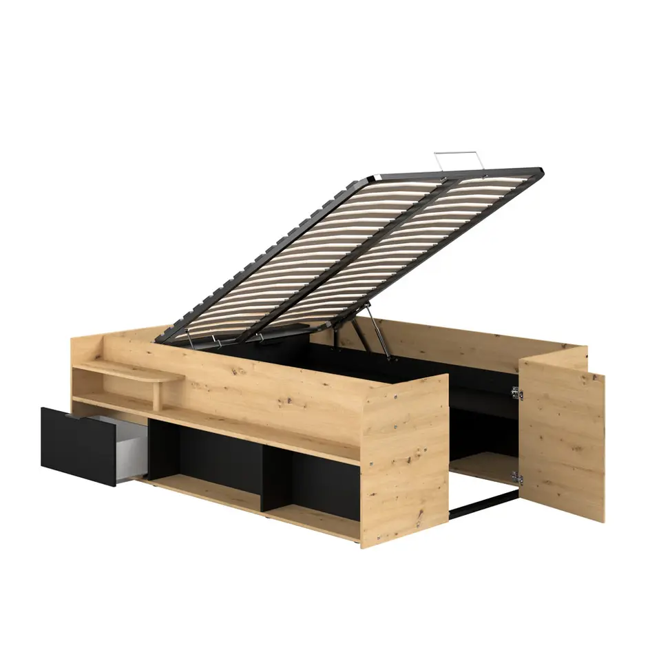 Bed Bremen met opslag - eiken/zwart - 140x200 cm