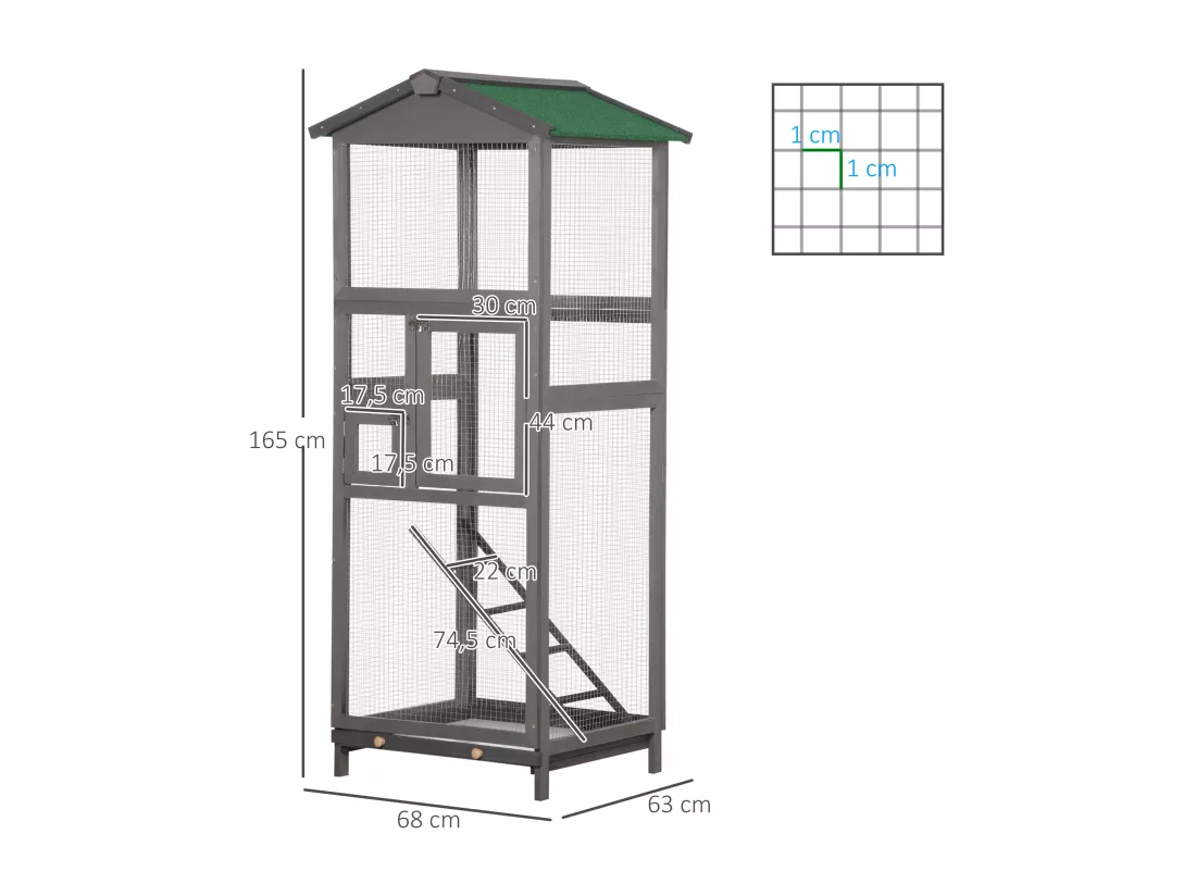 Cage à oiseaux volière grande taille 2 portes toit asphalte tiroir amovible bois gris