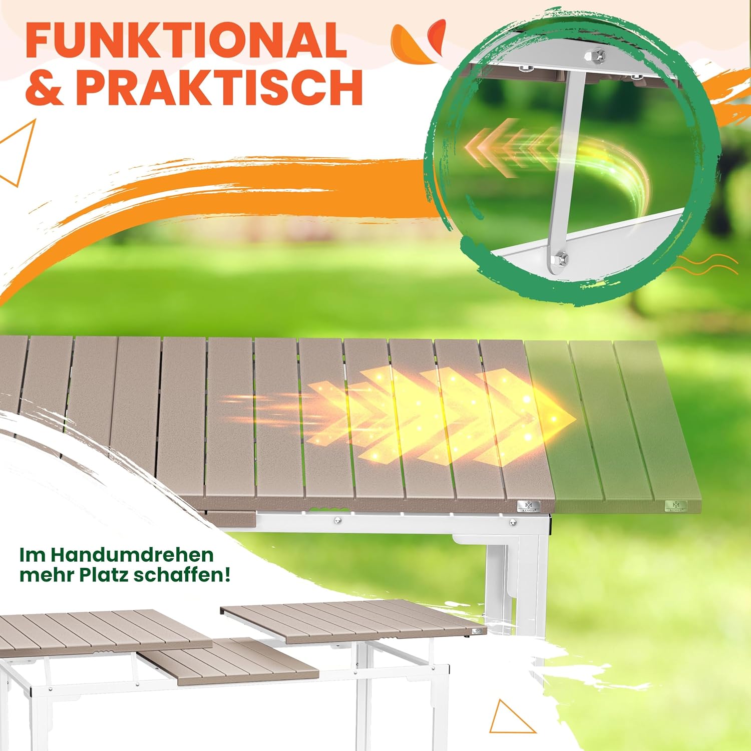 KESSER® Gartentisch ausziehbar Esstisch 180/240x90cm erweiterbar bis 8 Personen Ausziehtisch mit pulverbeschichtetem Stahl-Gestell & HDPE Tischplatte Wetterfest & UV-Beständig inkl. 6 Filz-Untersetzer
