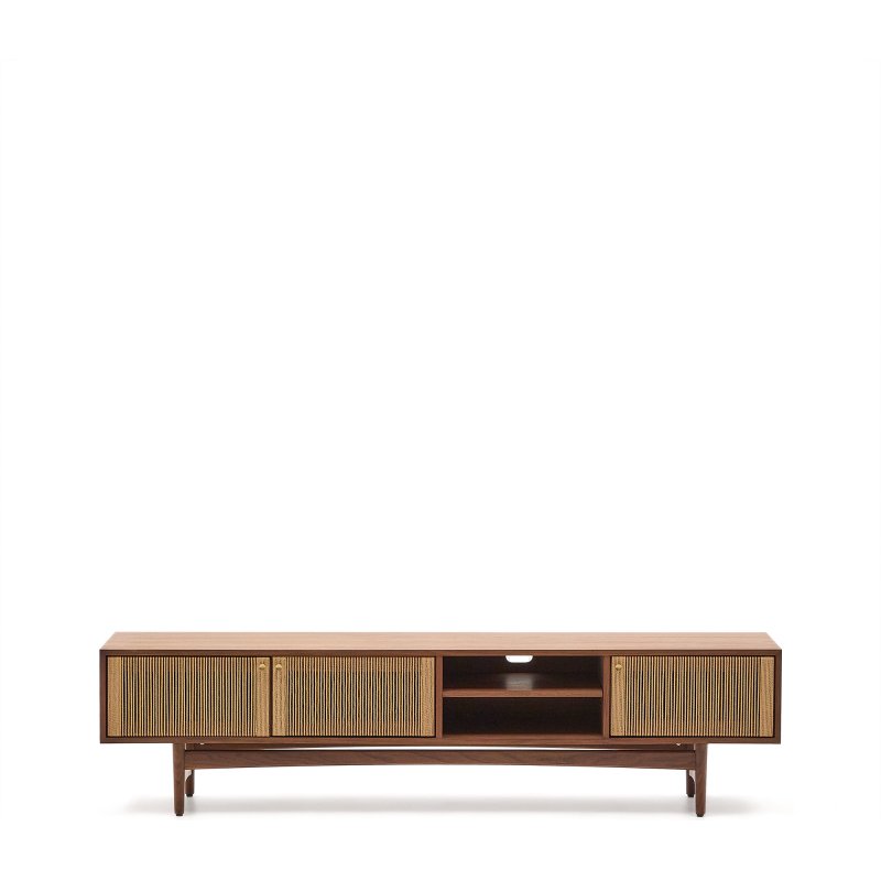 Meuble TV Elan 3 portes en placage et bois de noyer et corde 200 x 50 cm