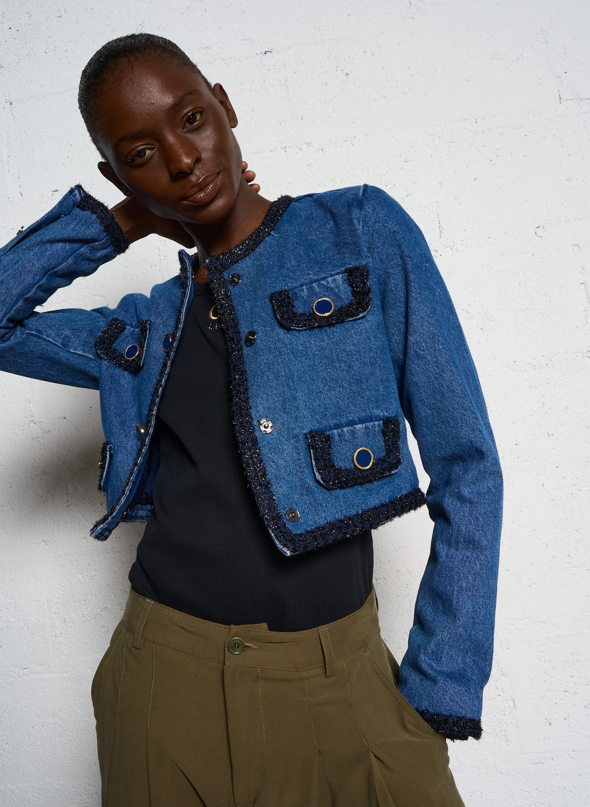 Veste col rond en jean | Bleu