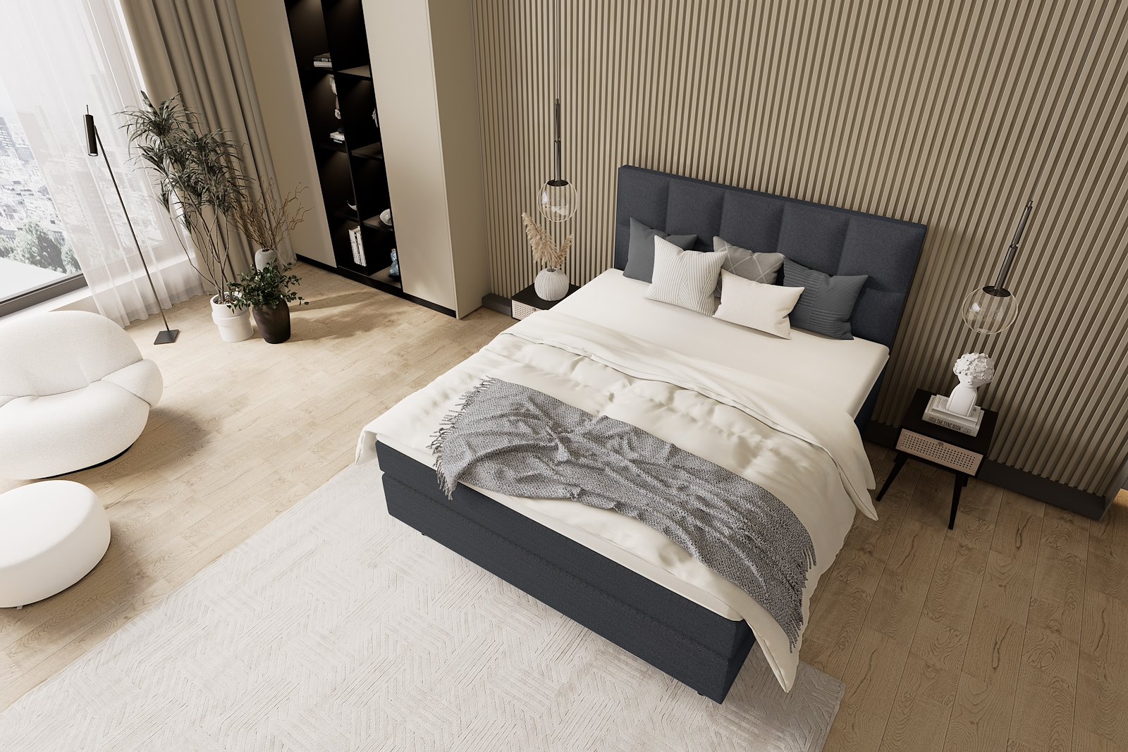 Premium 12 kontinentalseng Tekstil Bris 169 sort, medium/medium, XOV Premium 12 memoryfoam overmadrass og runde ben i røkfarget eik 15 cm