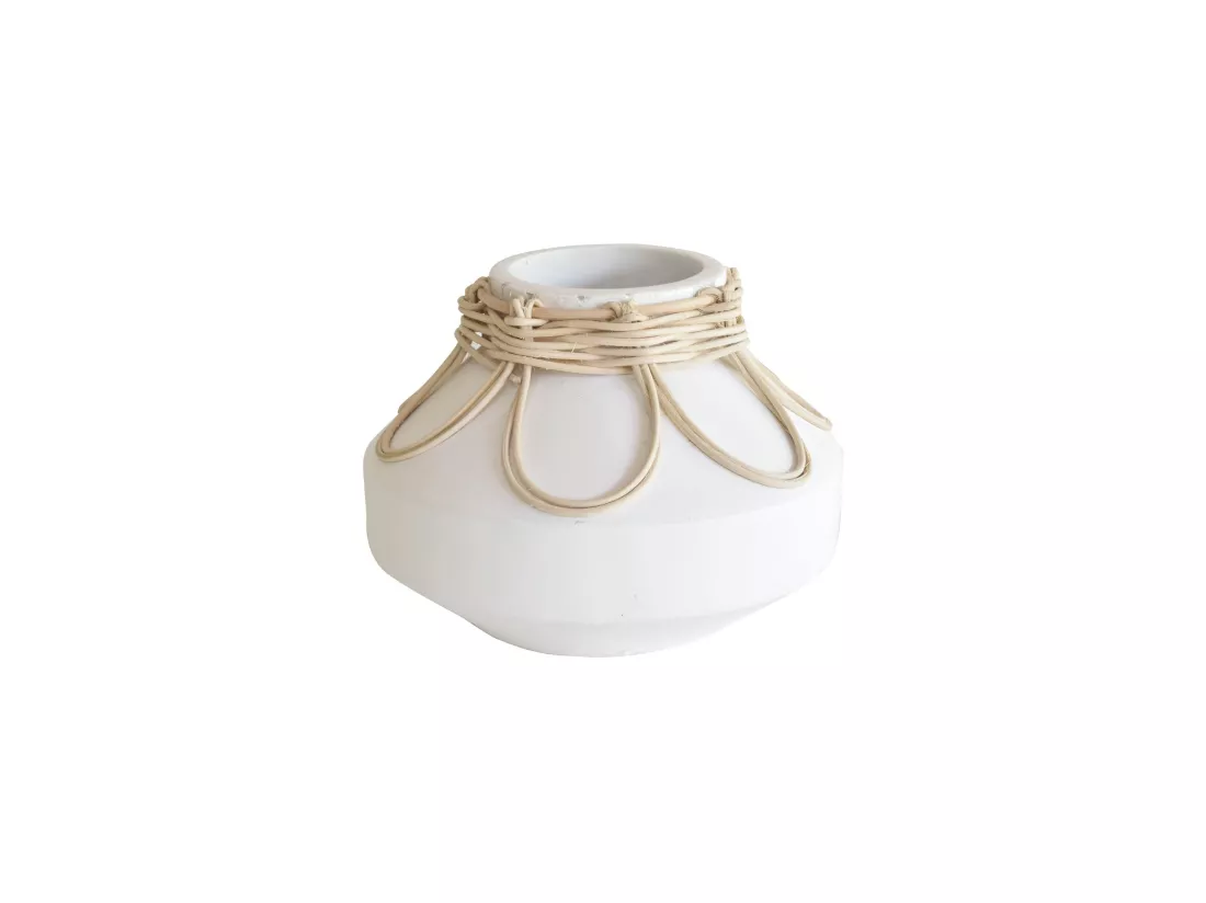 Now's Home - Vase En Beton Et Rotin Blanc D21xh16cm Nour