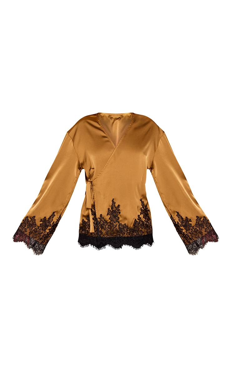 Vert Olive Chemisier Cache-cœur En Satin Avec Détails En Dentelle