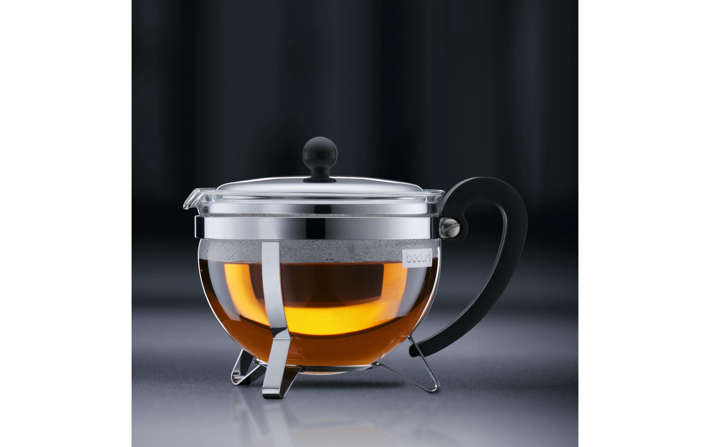 Teebereiter Chambord verchromt, 1 lRunde Teekanne aus Glas