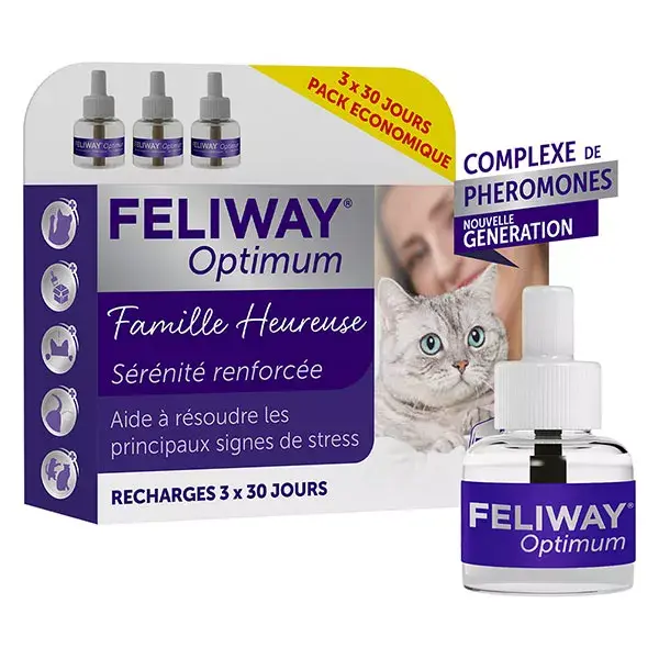 Feliway Optimum Pack éco 3 recharges Anti-stress chat nouvelle formule 3x30 jours