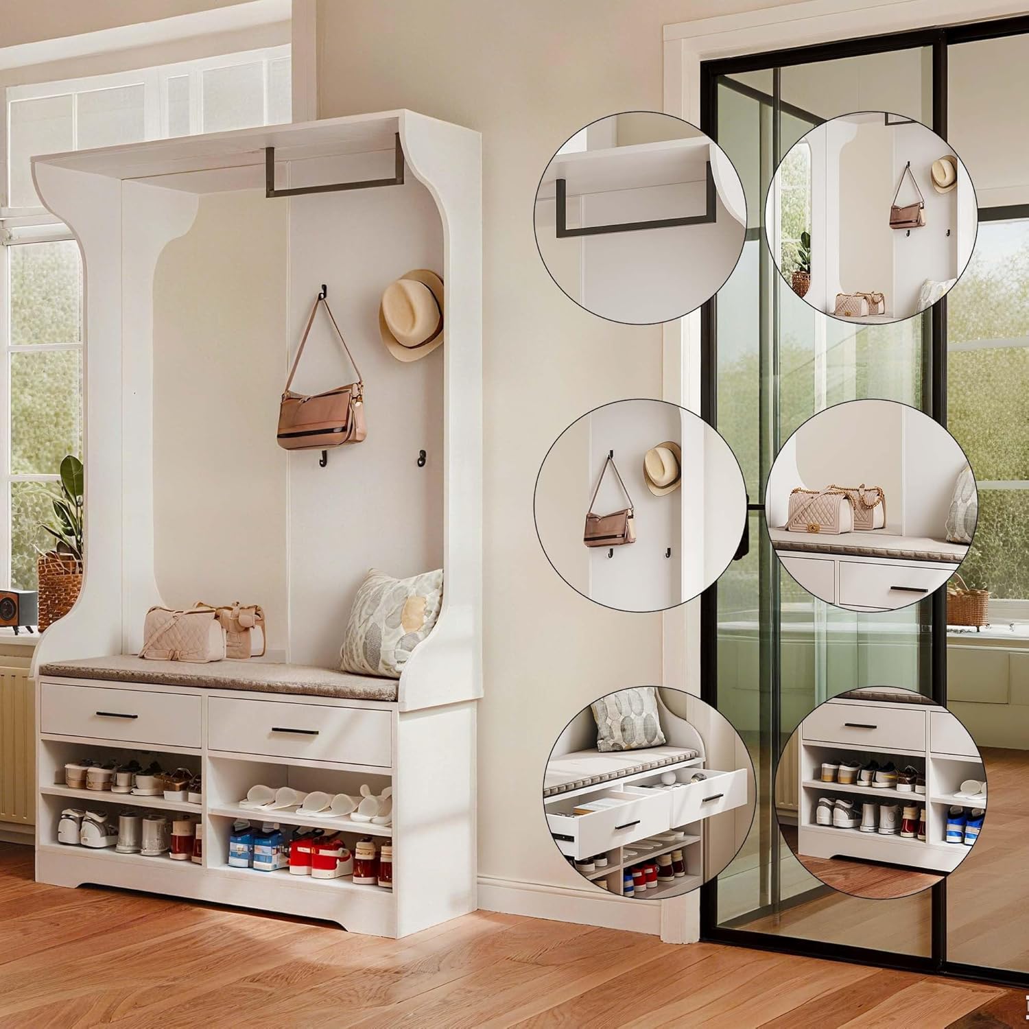 Garderobe Set mit Spiegel, Flurgarderoben Set mit 4 Haken, 2 Schublade, Schuhschrank, Flurschrank mit Wäscheständer, Wandgarderobe,Kompaktgarderobe Schmaler Flur, 104x35x180cm (Weiß)