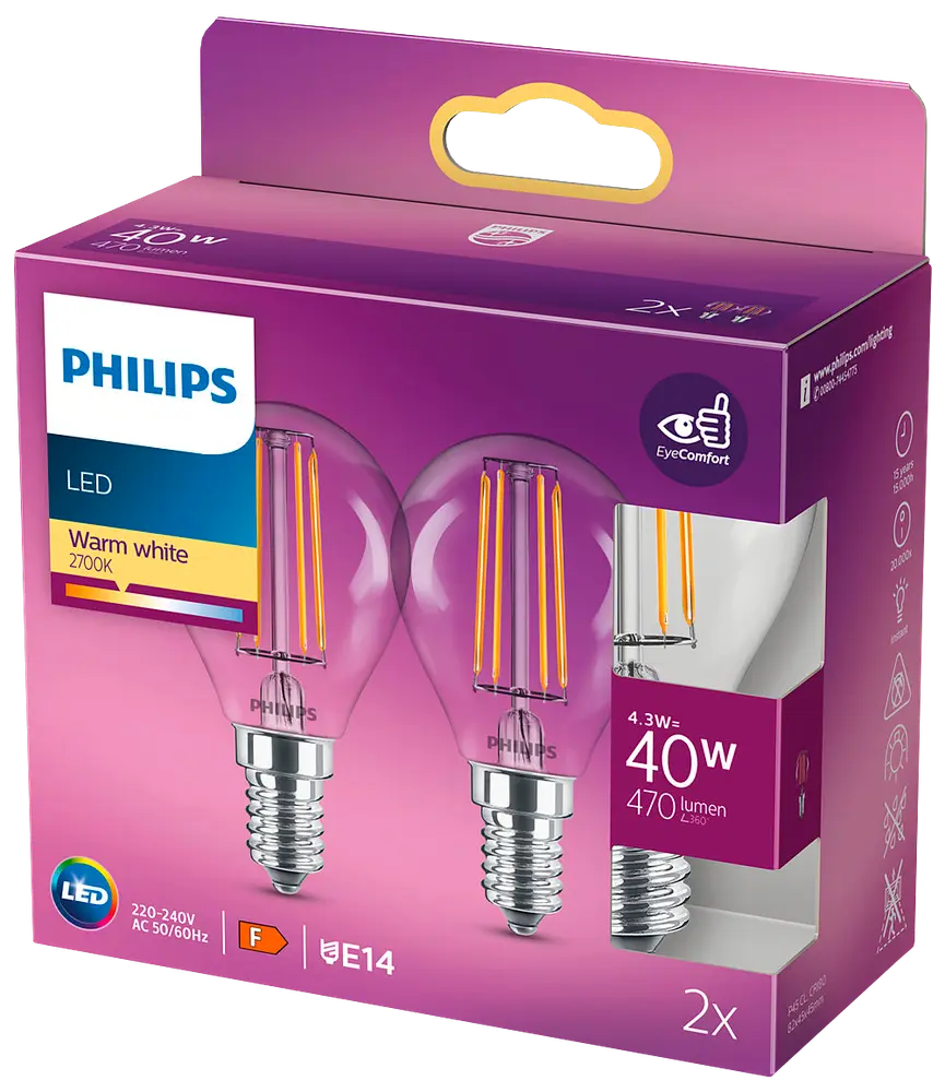 PHILIPS LED-filamentpære 4,3W E14 2-pak