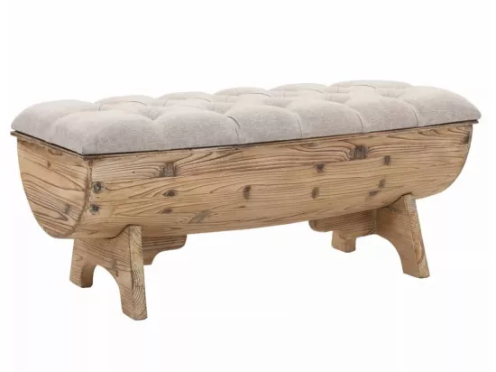 Banc avec rangement en forme de tonneau bois de sapin et tissu crème Vinto