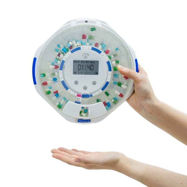 SmartLife Pilledispenser | Wi-Fi | 28 Rom | Antall alarmtider: 9 alarmtider per dag | Lys / Pip / Stemme | LCD-skjerm | Hvit