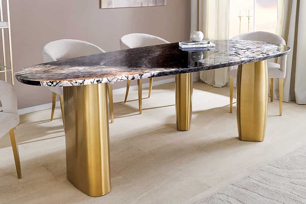 Design Esstisch ORGANIC 200cm grau weiß braun Naturstein Marmor Metall brushed gold
