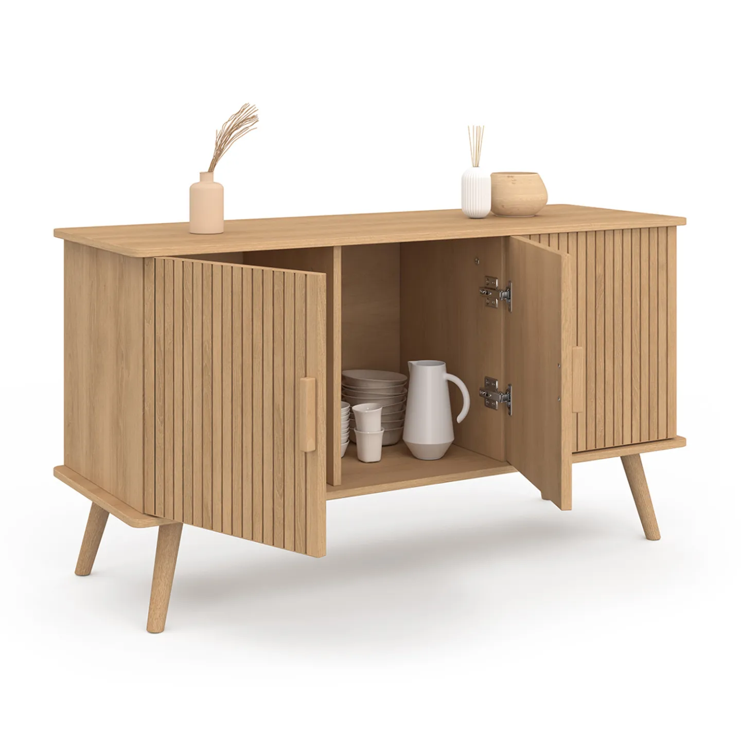 Buffet 110 cm JULIETTE 3 portes lattes tasseau bois coloris chêne