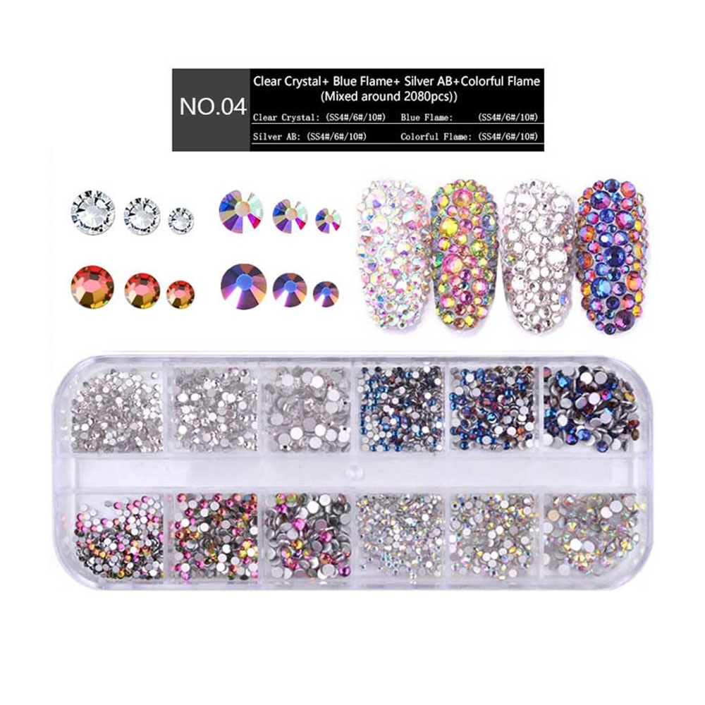 (12-tlg. Set) Nail Art 3D Nagel Glitzer Strass Edelstein Nagel Set für die Maniküre (Set Nr. 4) - Blau / Rosa