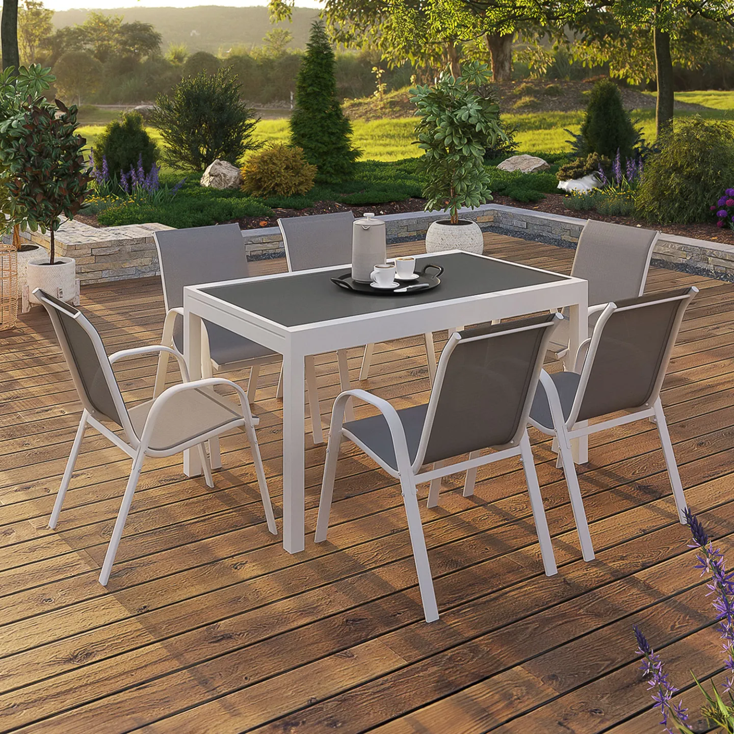 Salon de jardin MADRID table extensible 135-270 CM et 12 chaises empilables blanc et gris