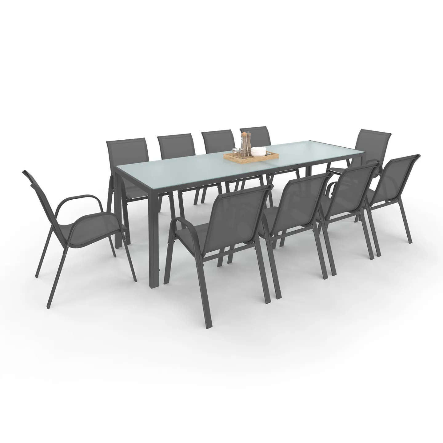 Salon de jardin MADRID table 240 CM et 10 chaises empilables gris anthracite plateau clair