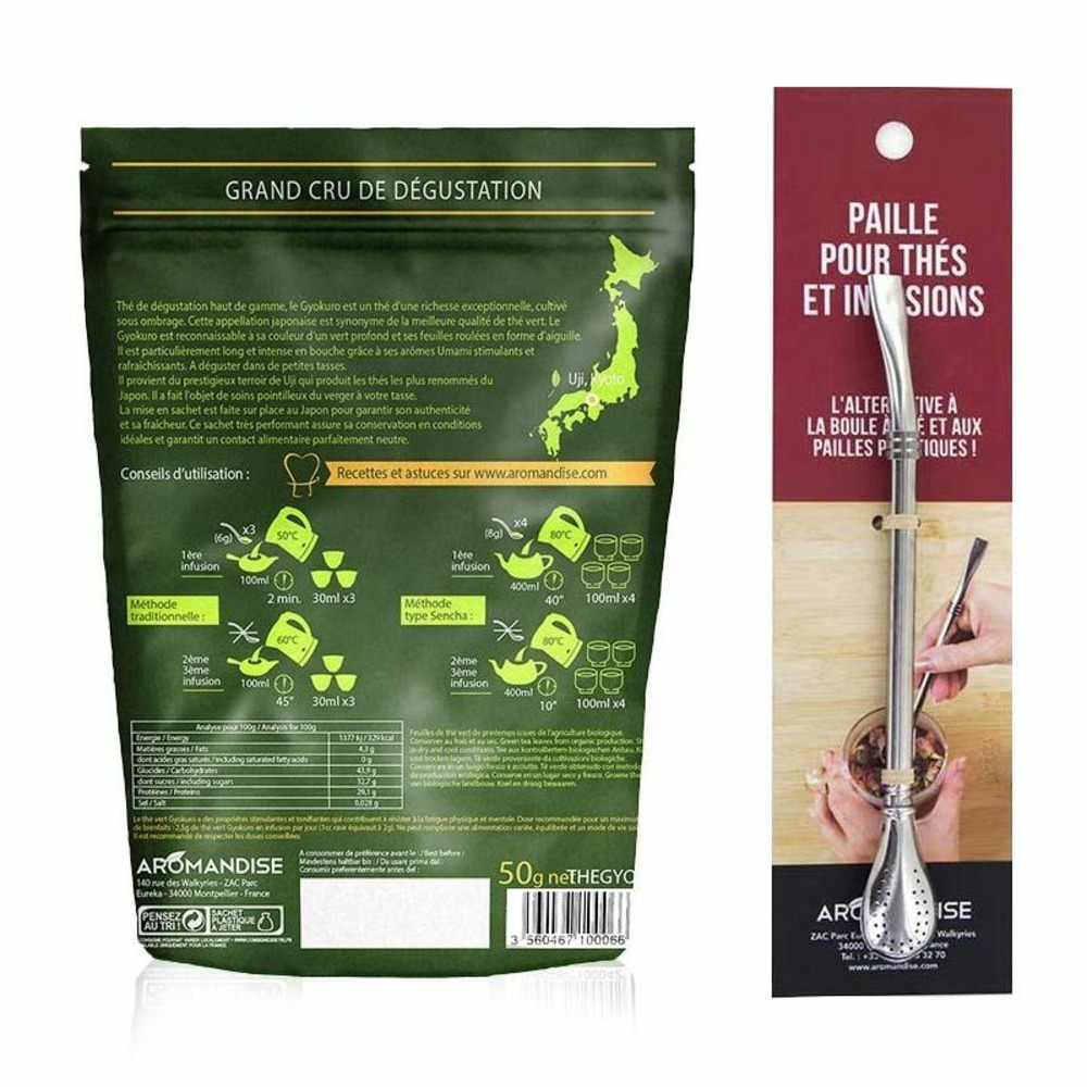 Thé vert gyokuro 50 g + paille inox avec filtre