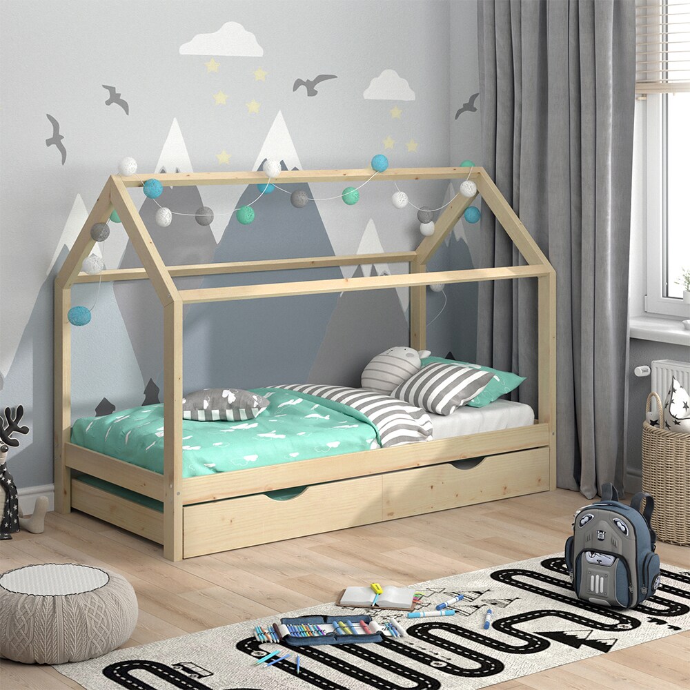 VitaliSpa Kinderbett Hausbett Gästebett Wiki Natur 90x200cm Schublade Lattenrost