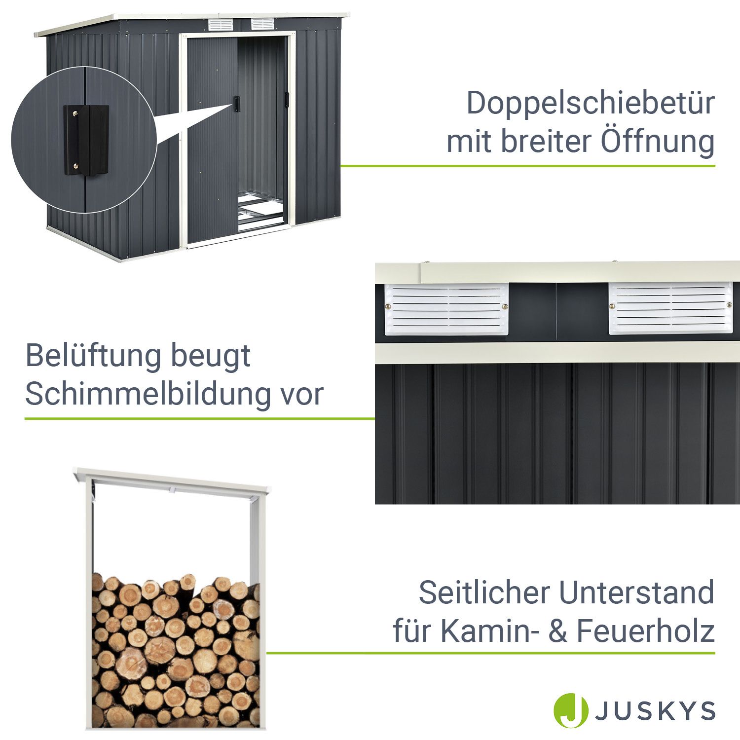 Juskys Metall Gerätehaus M mit Holzunterstand rechts - Großes Gartenhaus, Schiebetür, Lüftungsgitter