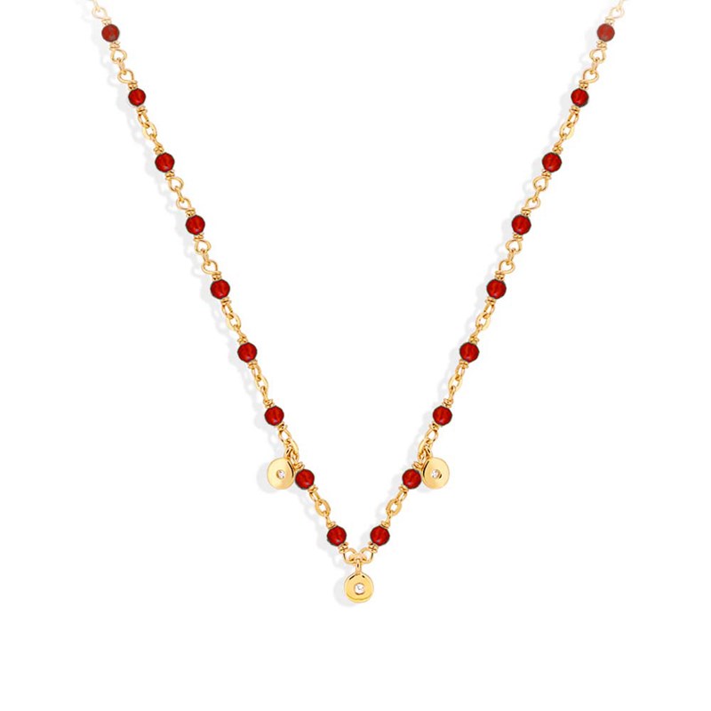 Collier Argent Doré Petites Pampilles Serties Et Pierre Onyx Rouge