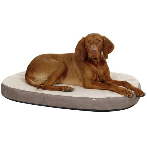 Colchão oval viscoelástico para cães, bege e cinza.