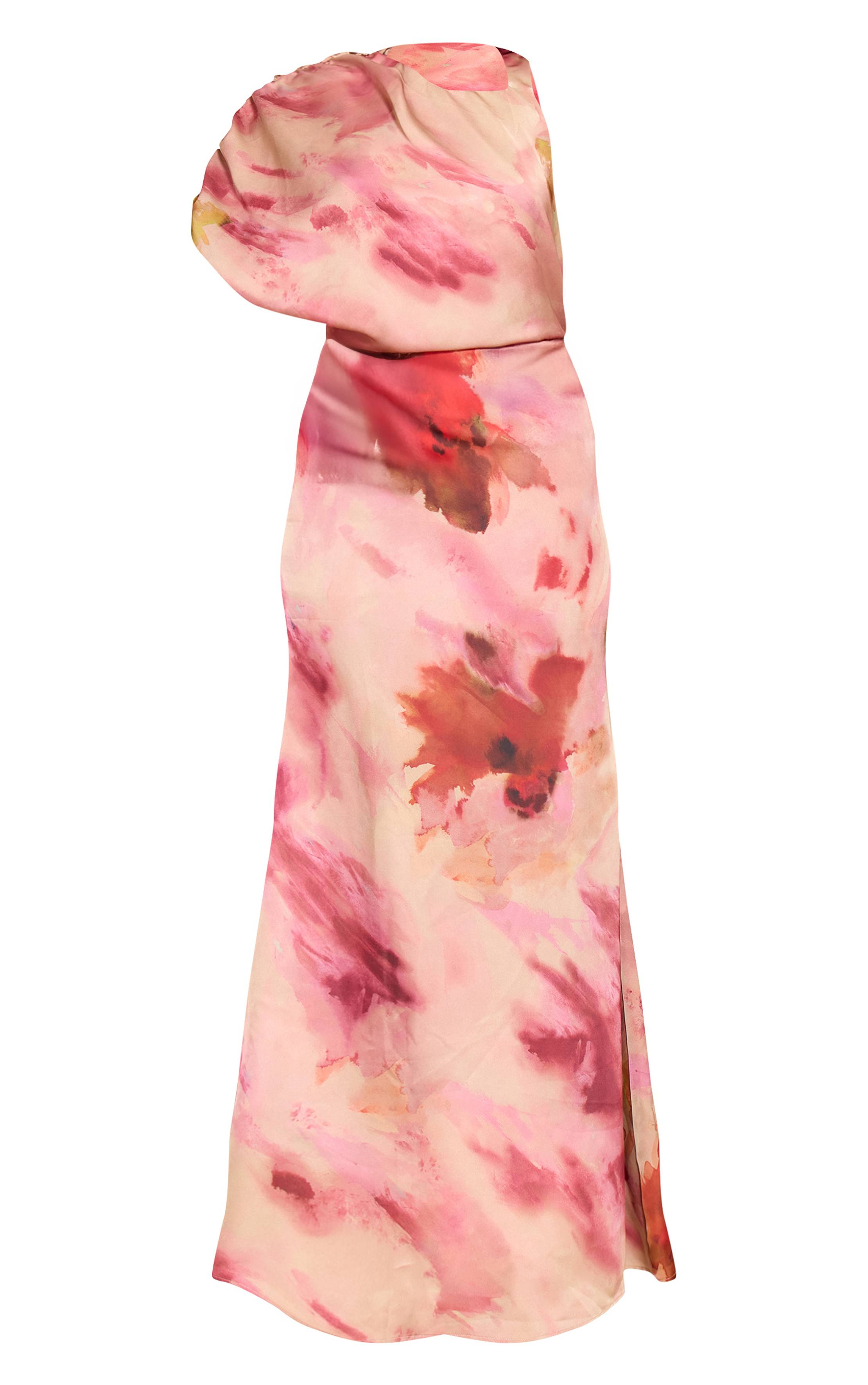 Rose Robe Longue Imprimée À Détail Froncé Asymétrique