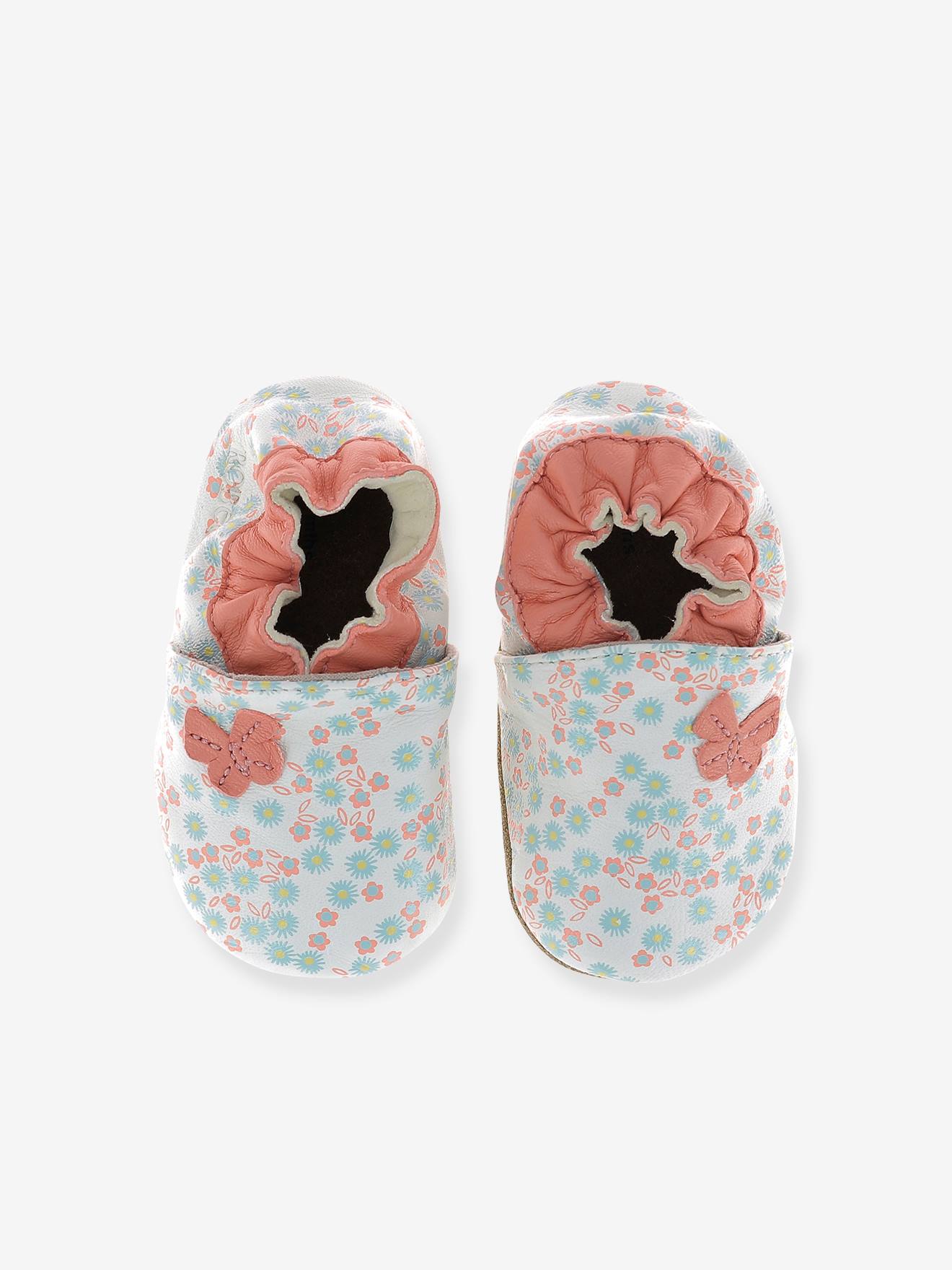 ROBEEZ© Pantufas de Bebê em Couro Flexível com Estampa de Margaridas Brancas para o Verão
