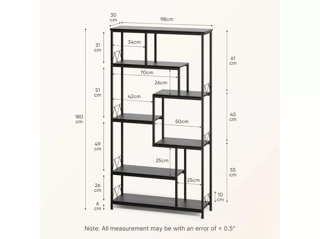 Bibliothèque Bealife Étagère de Rangement 7 Niveaux Cadre en Métal Pied Réglable 100 x 30 x 180 cm Noir