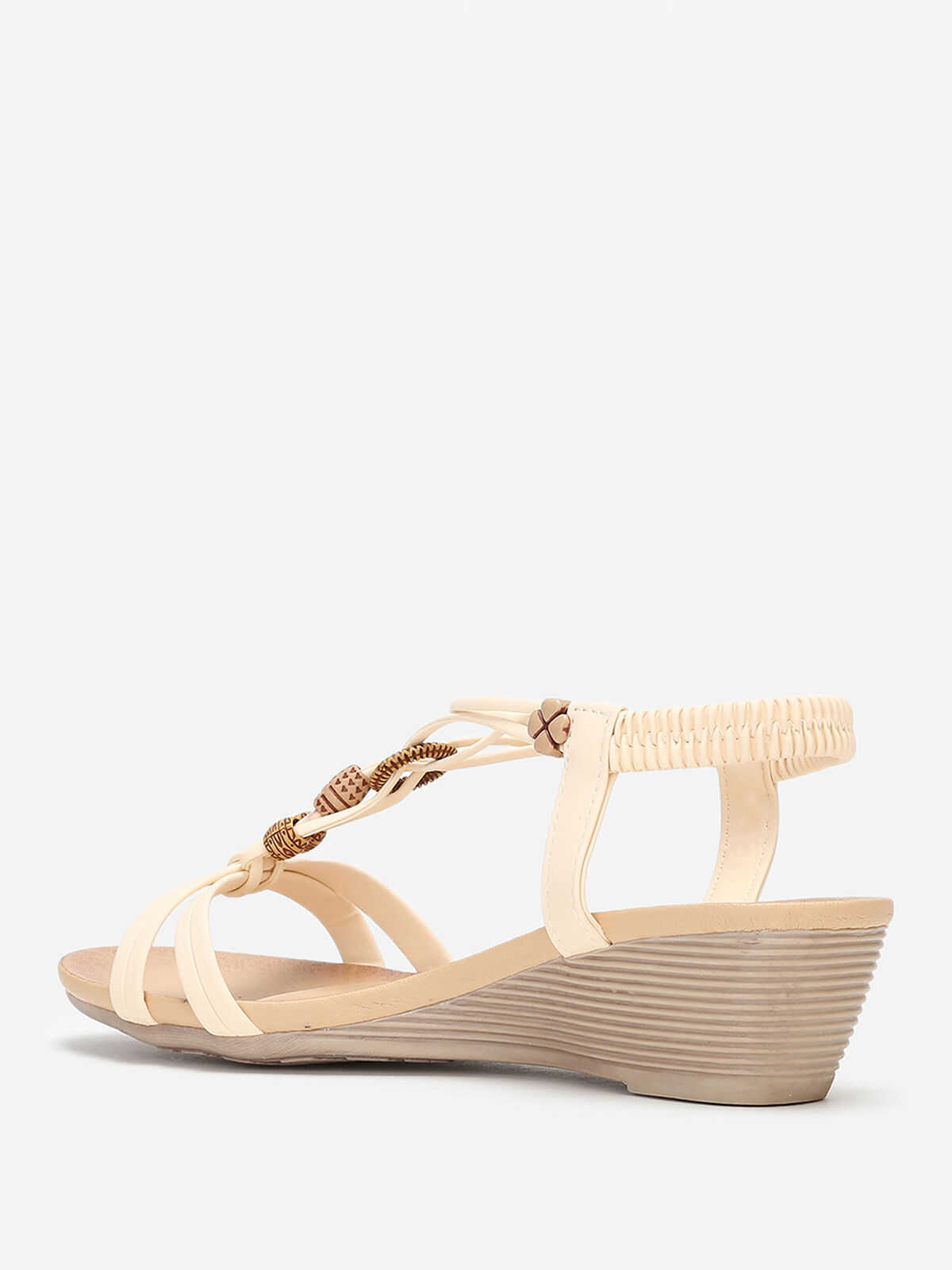 Sandales compensées à perles ethniques- Beige