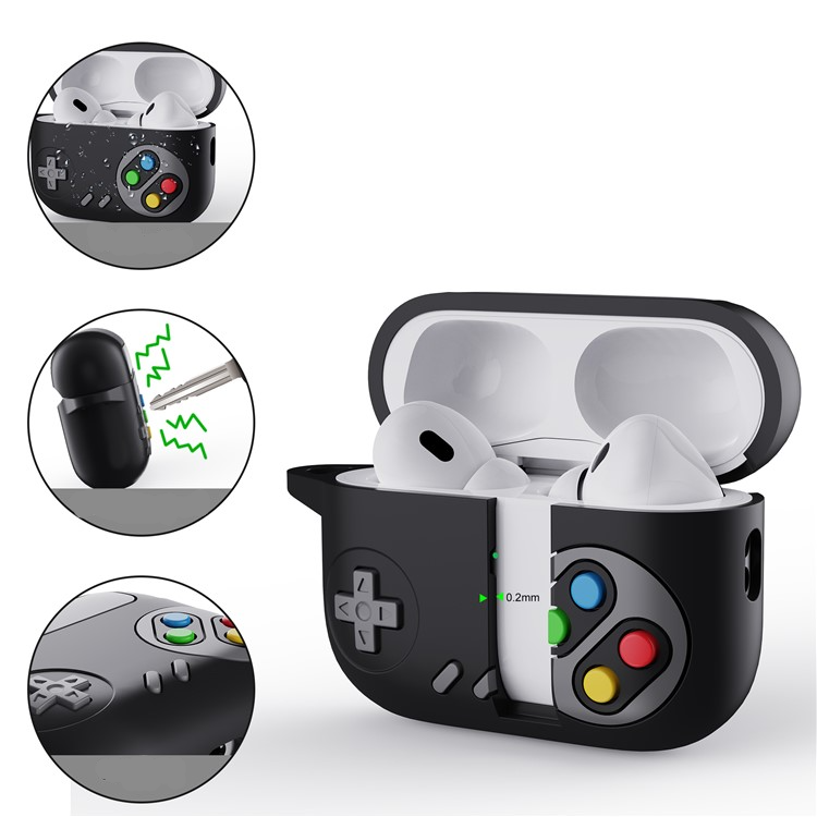AirPods Pro 2 / AirPods Pro Silikon Schutzhülle Spielekonsole Gameboy Abdeckung mit Karabinerhaken - Schwarz