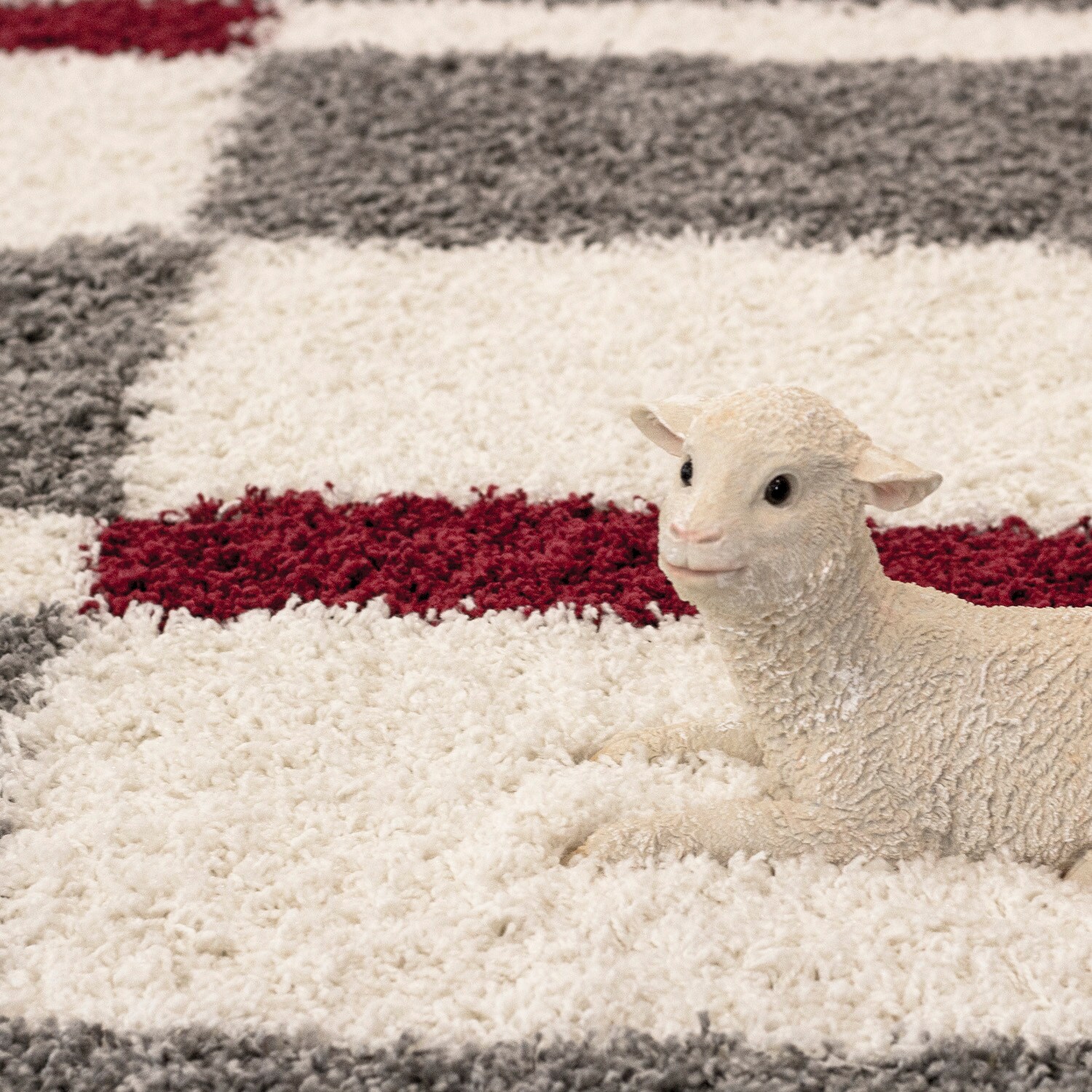 Designer Hochflor Teppich mit Karo- und Linienmuster, Flauschiger Langflor