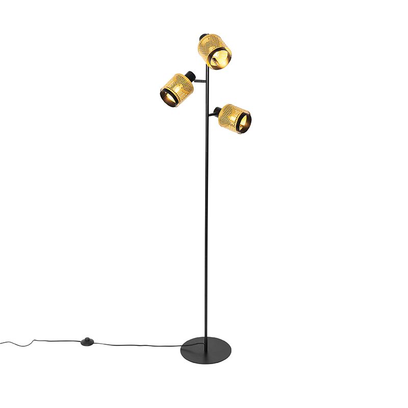 Industriële vloerlamp zwart met goud 3-lichts - Kayden