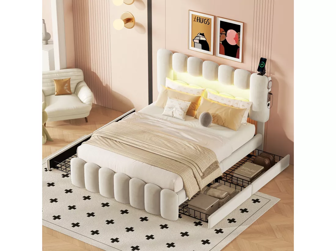 Lit capitonné 140 x 200, lit capitonné avec 4 tiroirs, lit capitonné avec bande lumineuse LED avec USB et stéréo, blanc