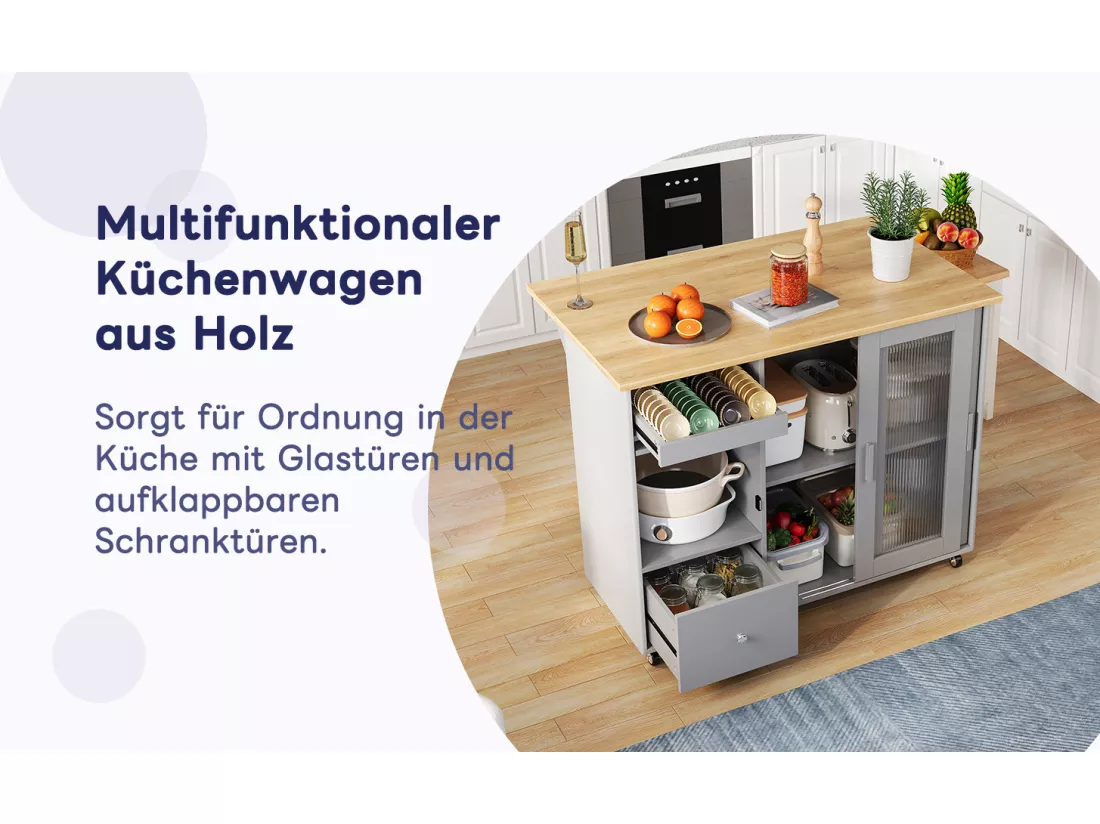 Ilot central de cuisine mobile avec 2 portes coulissantes, 1 tiroir et casier à vin - plateau extensible - 112x46/69x91 cm - MDF - Gris