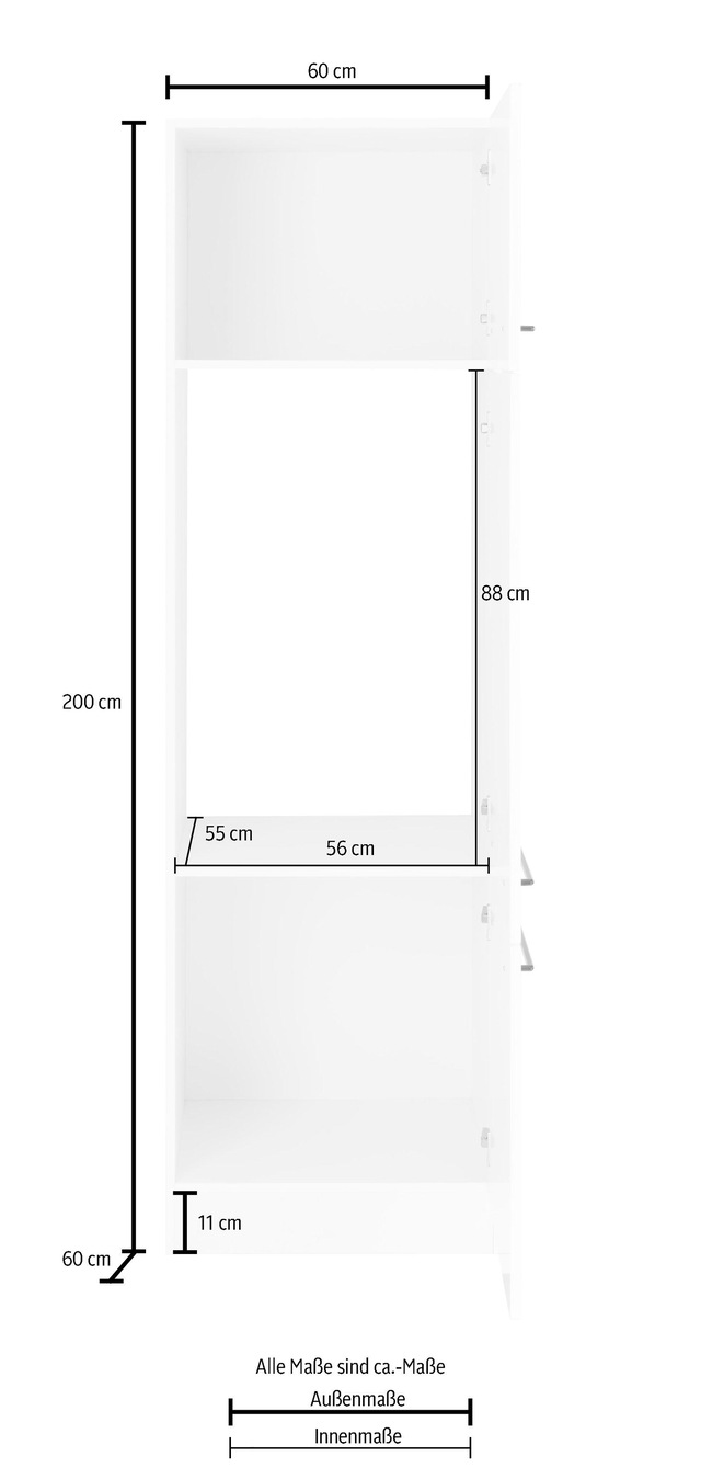 KOCHSTATION Kühlumbauschrank »KS-Tulsa« 60 cm breit, 200 cm hoch, 3 Türen, schwarzer Metallgriff