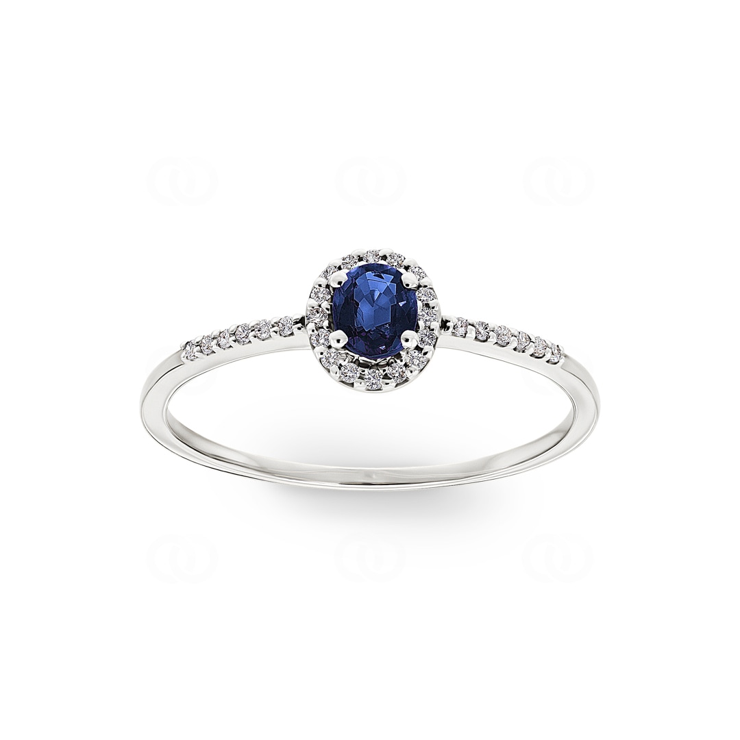 Damenring 750/18 K Weissgold mit Saphir oval & Diamanten 0.08 ct H/si