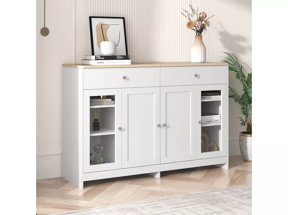 Buffet en bois avec finition blanche, 4 portes, 2 tiroirs et porte